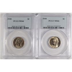 LOT OF ( 2 ) 1938 JEFFERSON NICKELS, PCGS MS-66