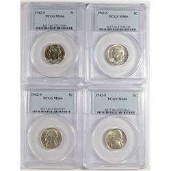 LOT OF ( 4 ) 1942-S JEFFERSON NICKELS, PCGS MS-66