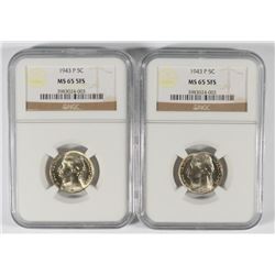 LOT OF ( 2 ) 1943-P JEFFERSON NICKELS,  NGC MS-65 FULL STEPS