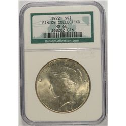 1922 PEACE DOLLAR NGC MS-66 BINION COLLECTION