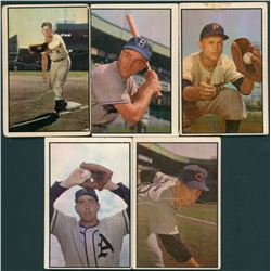 Lot of (5) 1953 Bowman Color Baseball Cards With #150 Carl Scheib, #154 Turk Lown, #128 Whitey Lockm