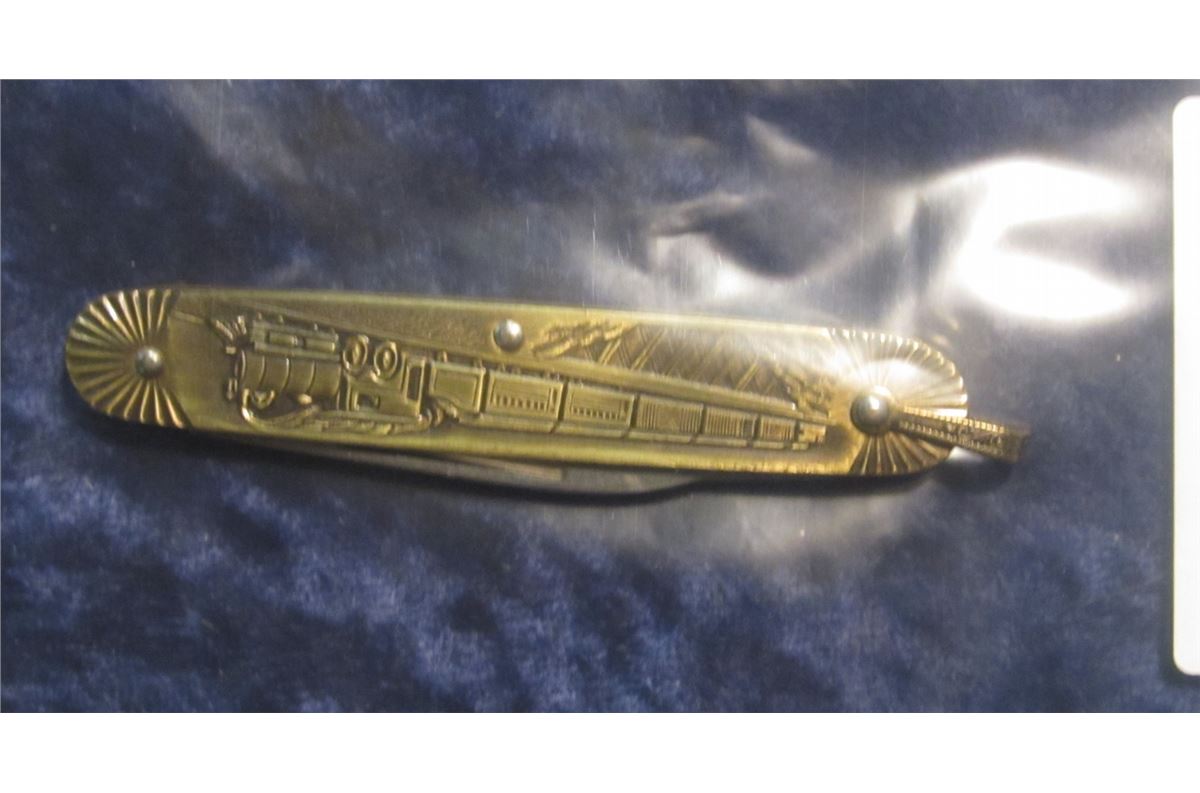 769. Twoblade Pocket Knife with Brass handles depicting Train with