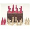 Image 1 : A small mid 19th century English bone chess set, in red stained and natural of sectional barleyco...