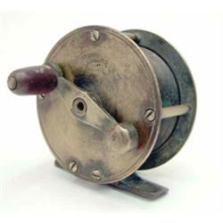 An Allcock brass reel, with wooden knop and brass foot, stamped, 2.5 ins...