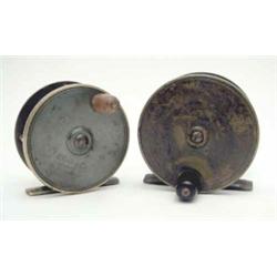 Two brass fly reels, inscribed, 'Chevalier Bowness & Bowness, Makers, 230 Strand, London' with ba...
