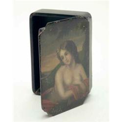 A mid 19th century Stobwasser papier mache snuff box, the cover painted with a partially draped r...
