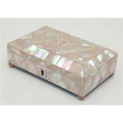 A late 19th century mother-of-pearl rectangular casket, of diamond marquetry pattern with silver...