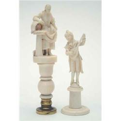 A French 19th century carved ivory figural seal, the handle carved with a woman with a basket, 4i...