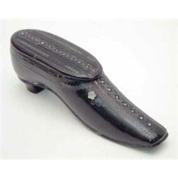 A Victorian papier mache shoe snuff box, with mother of pearl inlay, 4.25ins...