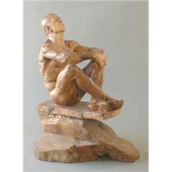 Thompson Dagnall, British b.1956. An elm statue 'Head Back Man', seated cross legged on naturalis...