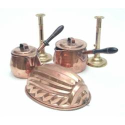 A pair of late Georgian brass candlesticks, the cylindrical stems with side ejectors, 9ins; two c...