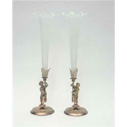 A pair of French late 19th century gilt bronze and frosted glass vases, each tapering tall vase s...
