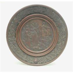 A Victorian Art Union copper electrotype tazza, decorated with an Arthurian scene within a border...