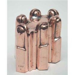 A Victorian copper jelly mould, of oval castellated form stamped '195 C', restored, 6ins...