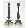 Image 1 : A pair of French bronze 19th century candlesticks, each classical tapering stem with acanthus cla...