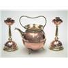 Image 1 : A pair of copper and brass candlesticks and a kettle in the style of W.A.S. Benson, of spherical...