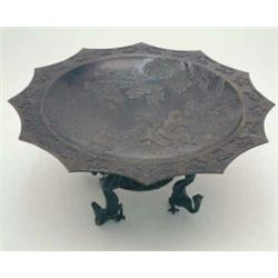 A French mid 19th century bronze 12-sided tazza, of Oriental design , cast in relief with figures...