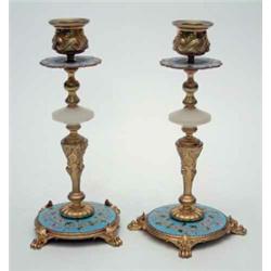 A pair of French late 19th century Cloisonné enamel, onyx and gilt bronze candlesticks, each with...