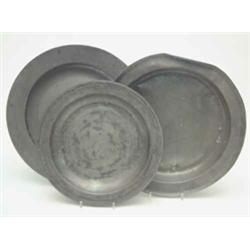 Three English pewter dishes, comprising a triple reeded rim dish by James French, circa 1700, 13....