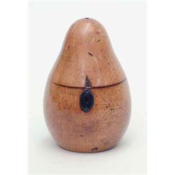 A George III fruitwood pear shaped tea caddy, with iron escutcheon and lock, stalk lacking, 6ins...