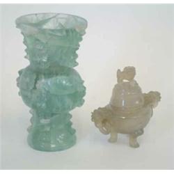 A green quartz archaistic hu-shaped vase, 5.5ins and an agate miniature 2-handled tripod censer a...