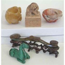 A soapstone square chop surmounted by a Buddhistic lion, early 19th century, 3ins, an archaistic...