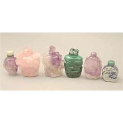 A group of 6 amethyst quartz, rose quartz, malachite and sodalite snuff bottles, variously carved...