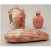 Image 1 : A red and white agate (cornelian) snuff bottle, deeply carved with prunus blossom, 2.25ins; a pla...