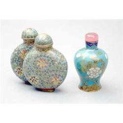 A cloisonne enamel double snuff bottle, decorated in colours on a turquoise ground with scrolling...