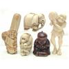 Image 1 : A group of ivory netsuke, Meiji and Taisho, ivory Fukurokoju, 2.75ins, elephant, 1ins and man wit...