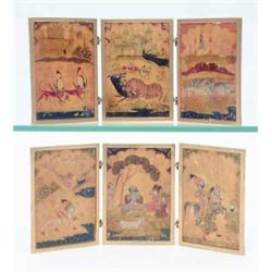 A pair of miniature bone 3-leaf folding screens, probably Indian, painted and gilded with mytholo...
