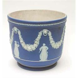 A large Wedgwood blue jasper jardiniere, with classical figure bas-reliefs and floral drapes 12.5...