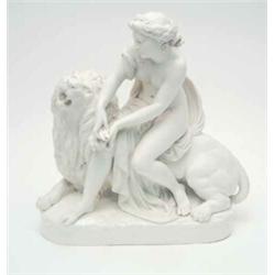 A large Minton parian group, The Lion in Love, after J.B.J.Klagmann, loosely-robed female seated...