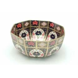 A Royal Crown Derby bone china fruit bowl, octagonal, painted with pattern 1128 in Imari colours,...