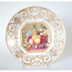 A Derby bone china dessert plate, painted with an octagonal panel of fruit in the manner of Thoma...