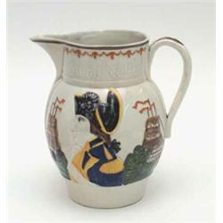 An early 19th century Prattware Commemorative jug moulded in relief with named profile portraits...