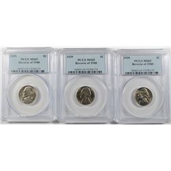 LOT OF ( 3 ) 1939 REVERSE OF 1940 JEFFERSON NICKELS, PCGS MS-65