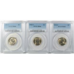 LOT OF ( 3 ) 1943-S JEFFERSON NICKELS, PCGS MS-66