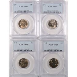 LOT OF ( 4 ) 1941 JEFFERSON NICKELS, PCGS MS-65