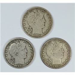 LOT OF ( 3 ) BARBER HALF DOLLARS, 1906-D, 1912-D, AND 1914-S