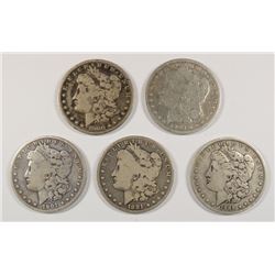 ( 5 ) CIRC MORGAN SILVER DOLLARS: 1881, 89-O, (2) 1900-O & 1901-S