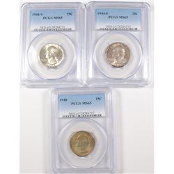 3 WASHINGTON QUARTERS 2 1944-S, 48 PCGS MS-65