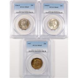 3 WASHINGTON QUARTERS 2 1944-S, 47 PCGS MS-65