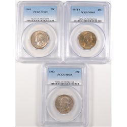 3 WASHINGTON QUARTERS 1943, 44-P,S PCGS MS-65