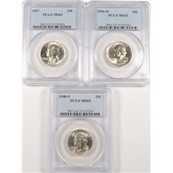 3 WASHINGTON QUARTERS 1956-D, 57, 40-S PCGS MS-65