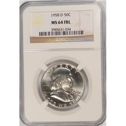 1958-D FRANKLIN HALF DOLLAR, NGC MS-64 FBL