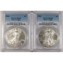 2002 & 2003 AMERICAN SILVER EAGLES, PCGS MS-69