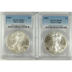 2003 & 2004 AMERICAN SILVER EAGLES, PCGS MS-69