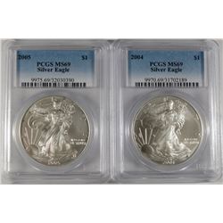 2004 & 2005 AMERICAN SILVER EAGLES, PCGS MS-69
