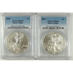 2005 & 2006 AMERICAN SILVER EAGLES, PCGS MS-69